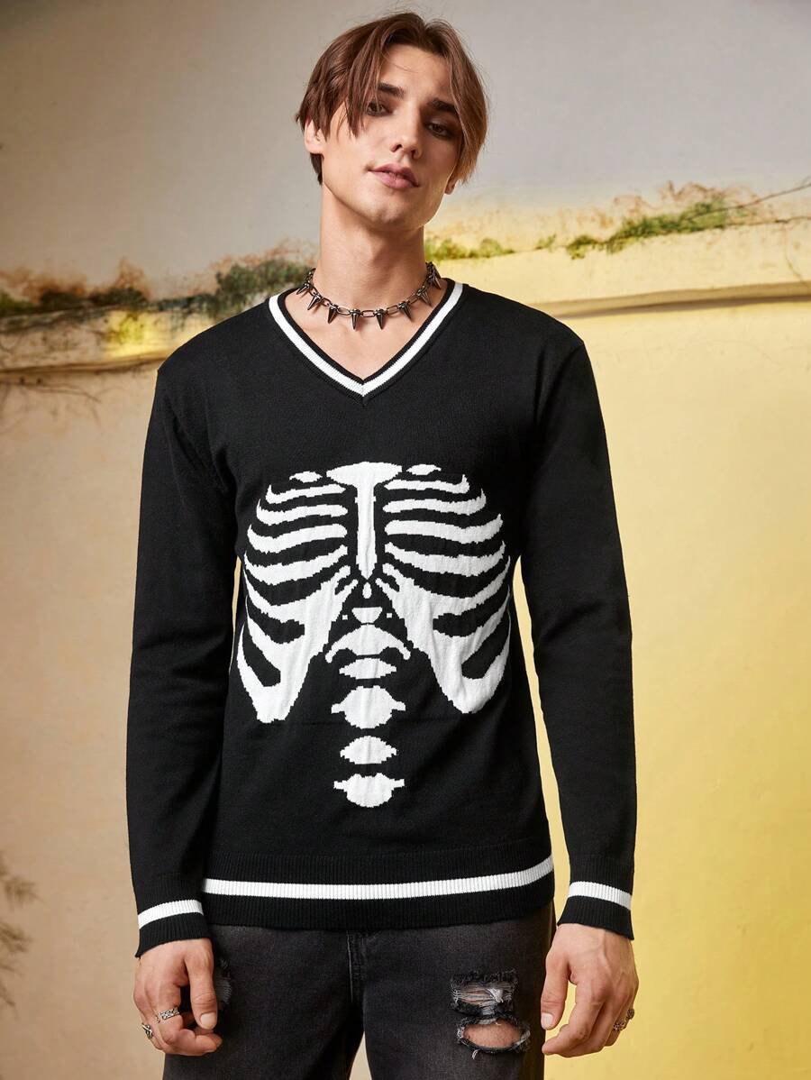 Manfinity EMRG Nam Mô hình bộ xương Sọc trang trí Áo len - màu đen - Xem 1