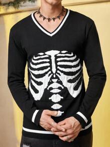 Manfinity EMRG Nam Mô hình bộ xương Sọc trang trí Áo len - màu đen - Xem 3