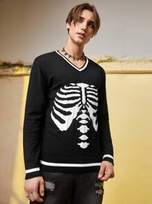 Manfinity EMRG Nam Mô hình bộ xương Sọc trang trí Áo len - màu đen - Xem 4
