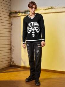 Manfinity EMRG Nam Mô hình bộ xương Sọc trang trí Áo len - màu đen - Xem 5