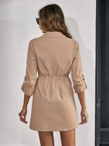 SHEIN Clasi Tay áo cuộn Eo dây rút Nút phía trước áo - Màu Khaki - Xem 2