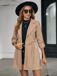 SHEIN Clasi Tay áo cuộn Eo dây rút Nút phía trước áo - Màu Khaki - Xem 4