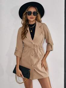 SHEIN Clasi Tay áo cuộn Eo dây rút Nút phía trước áo - Màu Khaki - Xem 5