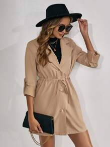 SHEIN Clasi Tay áo cuộn Eo dây rút Nút phía trước áo - Màu Khaki - Xem 6