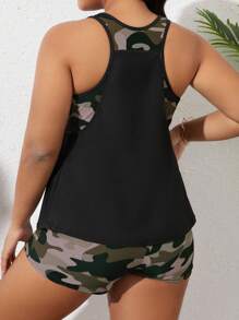 Swim Lushoire Summer Beach Plus Camo Print Shorts Tankini - Green - View 2