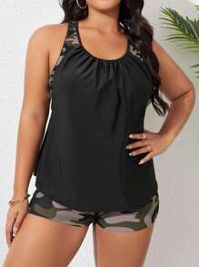 Swim Lushoire Summer Beach Plus Camo Print Shorts Tankini - Green - View 3