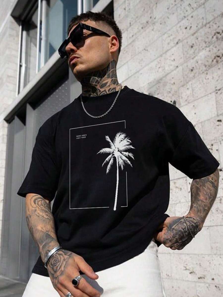 男士棕櫚樹印花T恤 - 黑色 - 查看 1