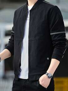 Men Zip Up Bomber Jacket - Black - View 1