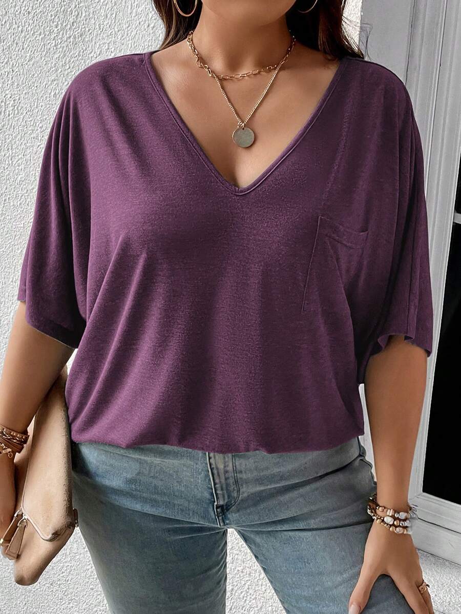 SHEIN LUNE Plus Patched Pocket Batwing Sleeve Tee - Purple - View 1