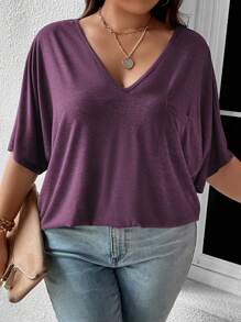 SHEIN LUNE Plus Patched Pocket Batwing Sleeve Tee - Purple - View 3