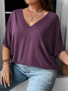 SHEIN LUNE Plus Patched Pocket Batwing Sleeve Tee - Purple - View 5