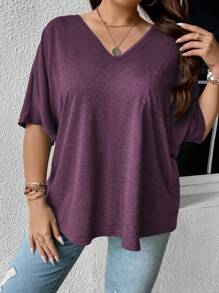 SHEIN LUNE Plus Patched Pocket Batwing Sleeve Tee - Purple - View 6