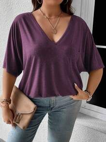 SHEIN LUNE Plus Patched Pocket Batwing Sleeve Tee - Purple - View 7