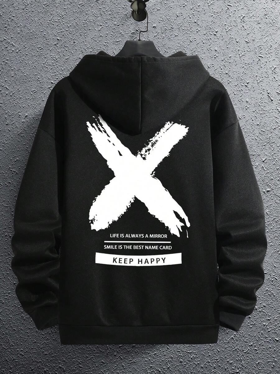 Men Slogan Graphic Kangaroo Pocket Drawstring Hoodie - Black - View 1