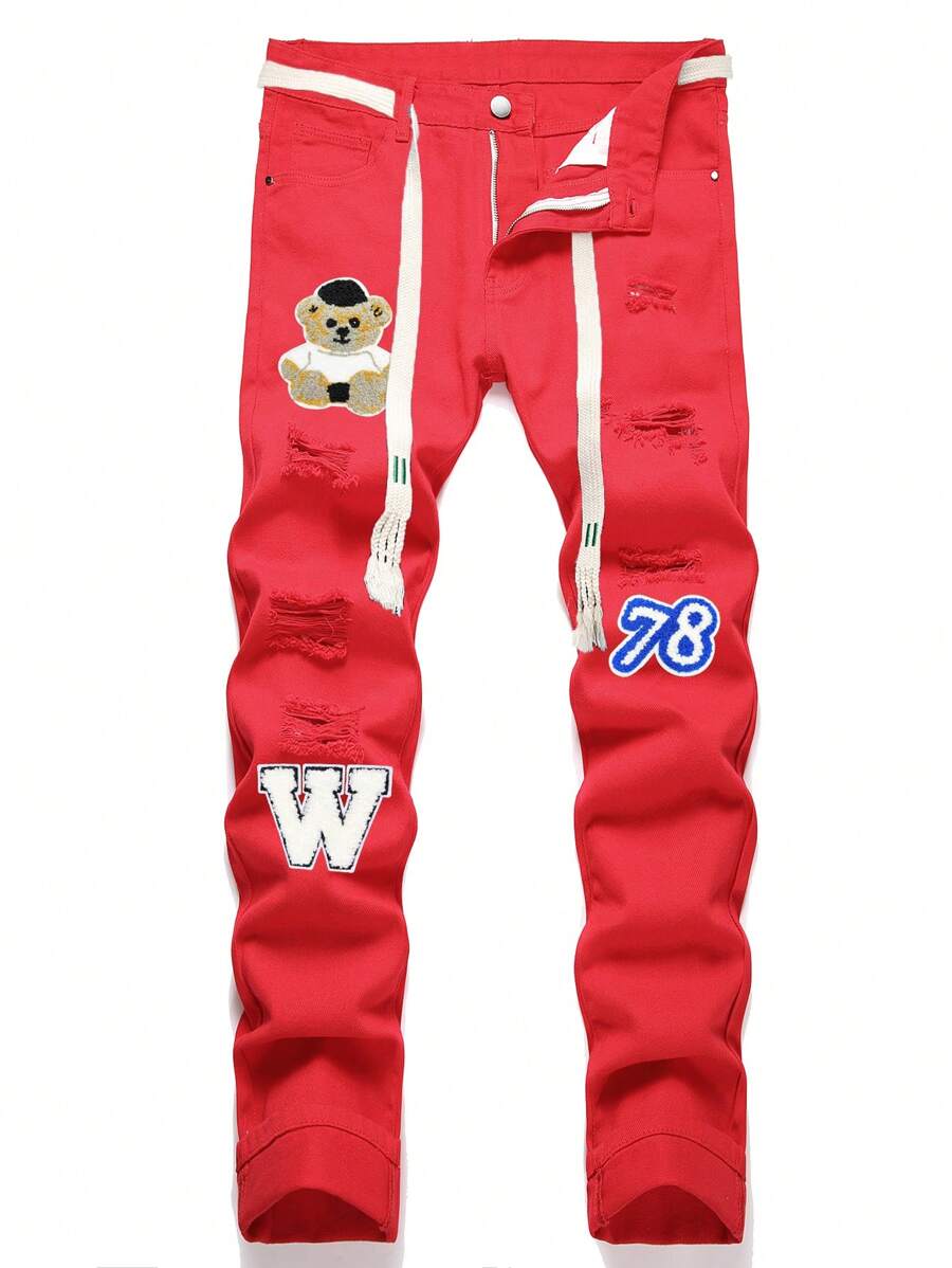 Hombres Jeans desgarro con estampado de letra y dibujos animados - Rojo - Ver 1