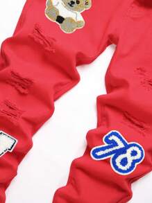 Hombres Jeans desgarro con estampado de letra y dibujos animados - Rojo - Ver 4