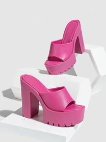 騾式厚跟高跟防水平台露趾熱粉色涼鞋 - 玫紅色 - 查看 1