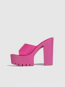 騾式厚跟高跟防水平台露趾熱粉色涼鞋 - 玫紅色 - 查看 3