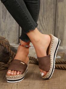 Women's Wedge Heel & Thick Sole Slippers - Coffee Brown - View 3
