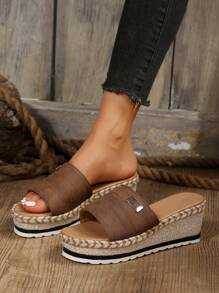 Women's Wedge Heel & Thick Sole Slippers - Coffee Brown - View 4
