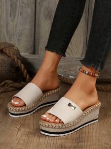 Women's Wedge Heel Thick Sole Slides,Spring Summer Outfits - Beige - View 4