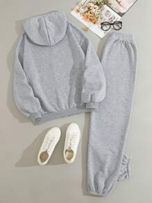 INAWLY 拉鏈開襟抽繩加絨內裏連帽衫和運動褲 - 灰色 - 查看 2