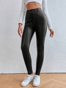SHEIN Frenchy Solid PU Leather Skinny Pants - Black - View 3