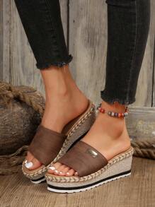 Women's Wedge Heel & Thick Sole Slippers - Coffee Brown - View 8