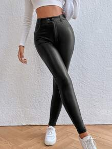 SHEIN Frenchy Solid PU Leather Skinny Pants - Black - View 5