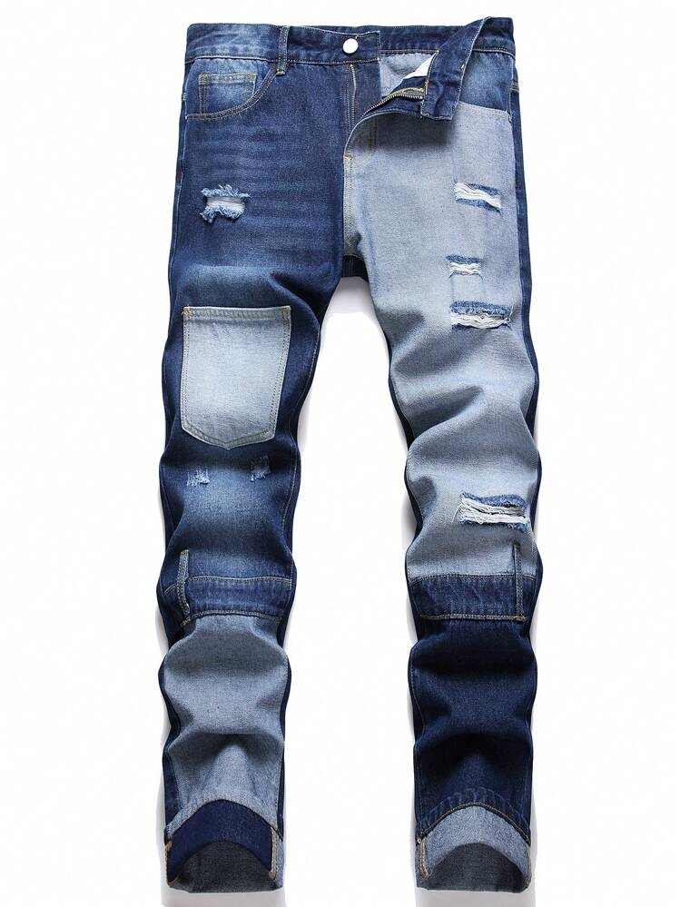 男士破洞抽鬚漂白水洗牛仔褲 - 深色水洗藍 - 查看 1