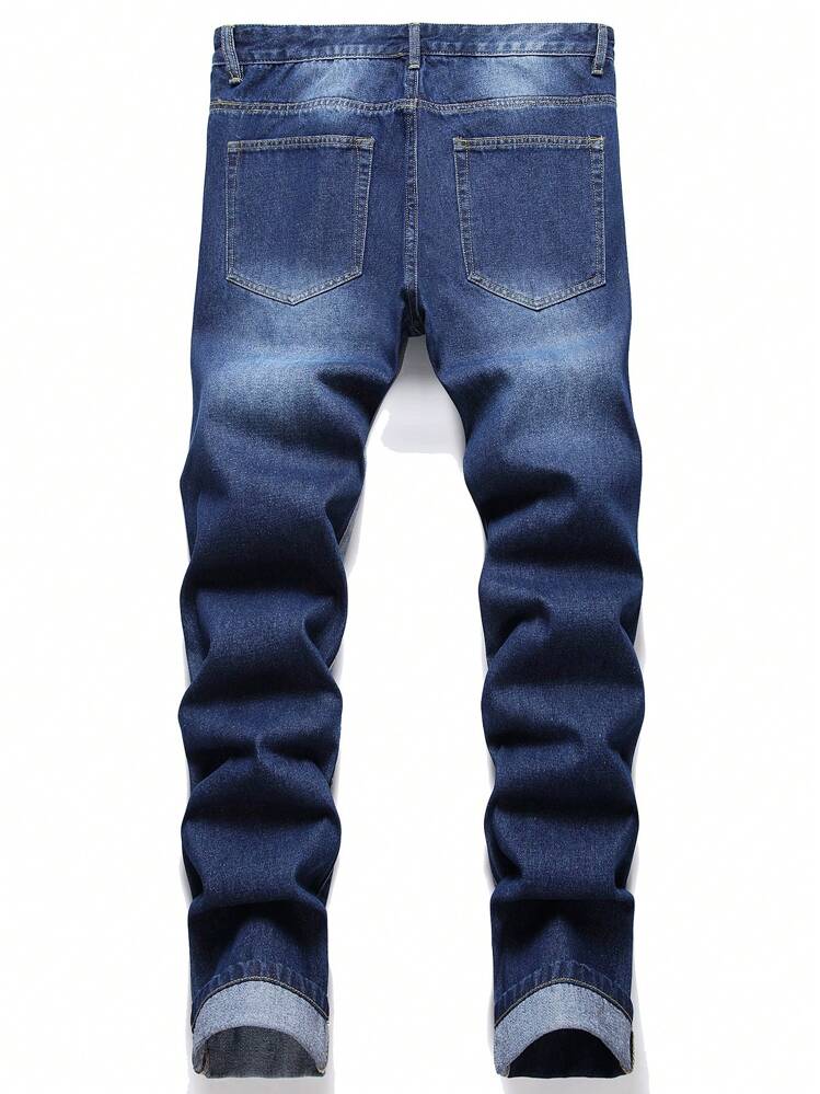 男士破洞抽鬚漂白水洗牛仔褲 - 深色水洗藍 - 查看 2