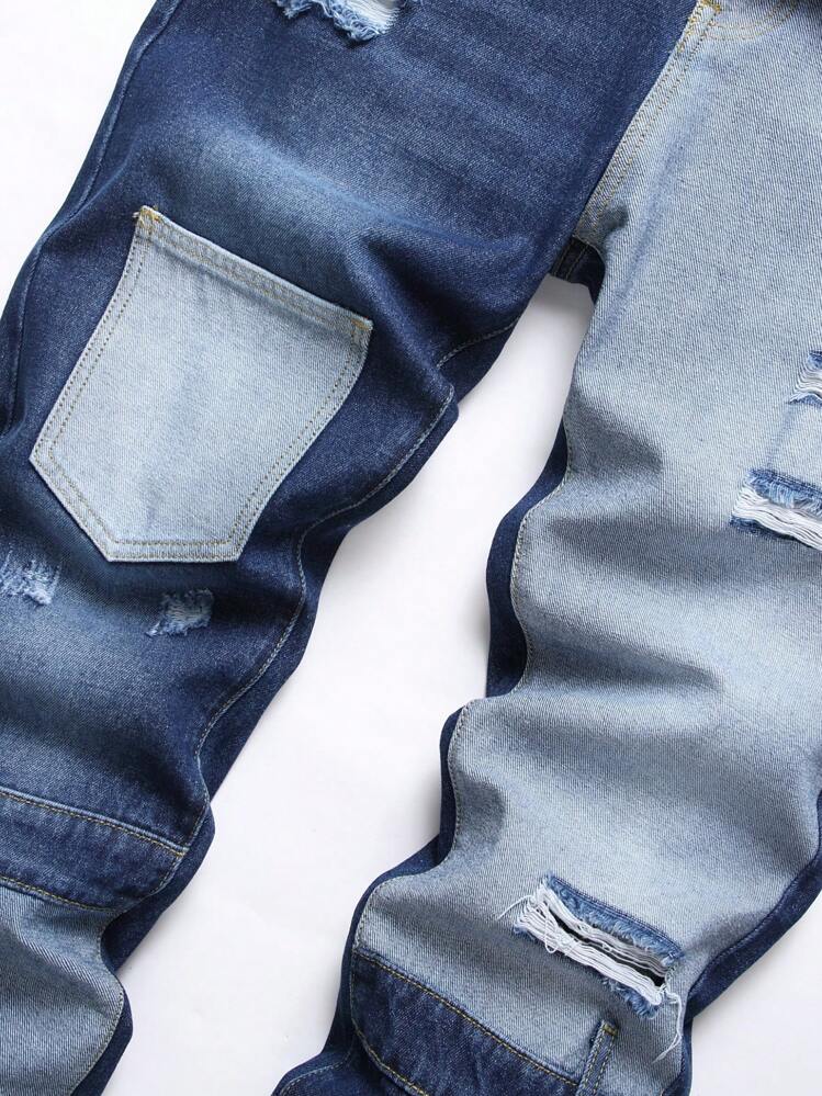 男士破洞抽鬚漂白水洗牛仔褲 - 深色水洗藍 - 查看 3