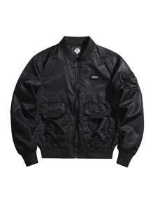 Men Letter Patched Detail Flap Pocket Bomber Jacket - Black - View 1