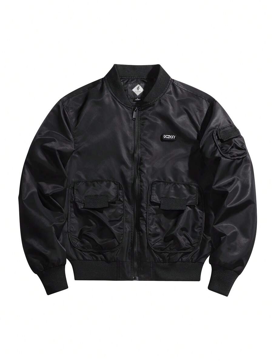 Men Letter Patched Detail Flap Pocket Bomber Jacket - Black - View 1