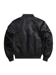 Men Letter Patched Detail Flap Pocket Bomber Jacket - Black - View 2