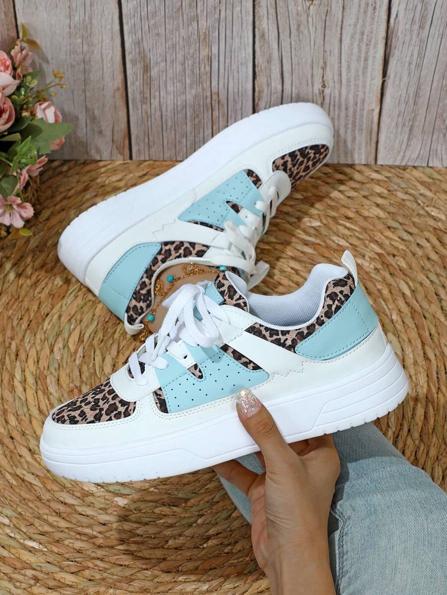 Fall/Winter Color Block Leopard Print Casual Student Sneakers, Sport Shoes