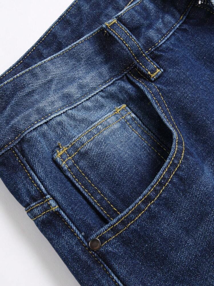 男士破洞抽鬚漂白水洗牛仔褲 - 深色水洗藍 - 查看 9