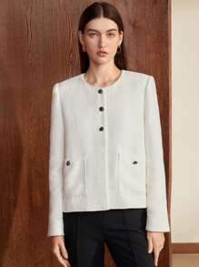 BizChic 素色口袋貼布花呢外套 - 白色 - 查看 6