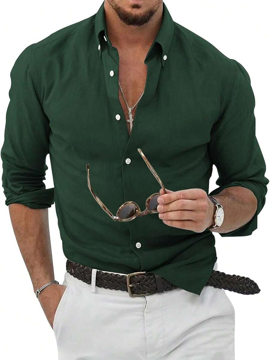 Men Solid Button Up Shirt - Dark Green - View 1