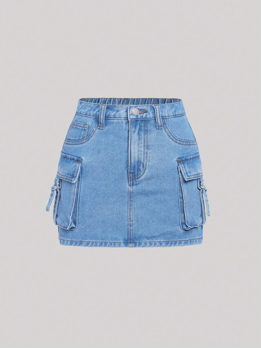 SHEIN Girlism Teen Girl Flap Pocket Denim Skirt
