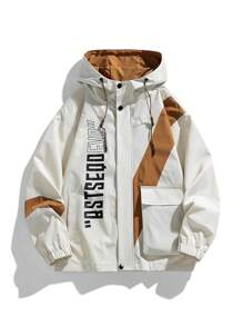 Men Letter Graphic Flap Pocket Drawstring Hooded Jacket - White - View 1