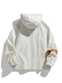 Men Letter Graphic Flap Pocket Drawstring Hooded Jacket - White - View 2