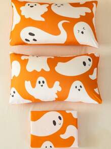 3 piezas naranja fantasma de Halloween patrón poliéster Set colcha , incluido 1 Colcha con 2 Fundas de almohada