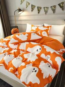 3 piezas naranja fantasma de Halloween patrón poliéster Set colcha , incluido 1 Colcha con 2 Fundas de almohada