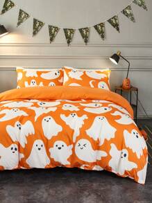 3 piezas naranja fantasma de Halloween patrón poliéster Set colcha , incluido 1 Colcha con 2 Fundas de almohada
