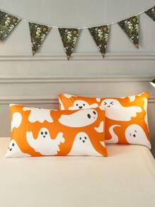 3 piezas naranja fantasma de Halloween patrón poliéster Set colcha , incluido 1 Colcha con 2 Fundas de almohada