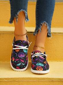 Women's Stylish Halloween Colorful Pumpkin Bat Moon Pattern Lace-up Casual Sports Shoes - Multicolor - View 1