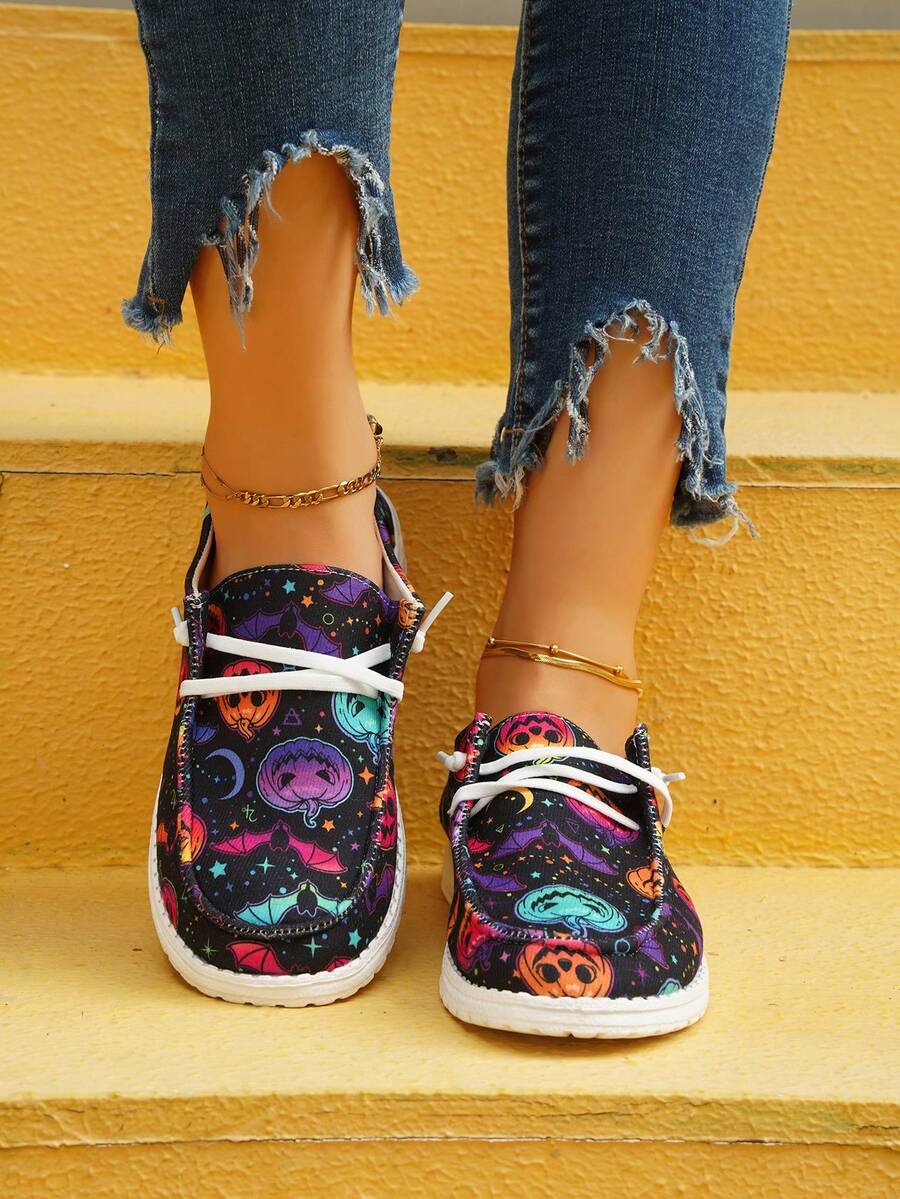 Women's Stylish Halloween Colorful Pumpkin Bat Moon Pattern Lace-up Casual Sports Shoes - Multicolor - View 1