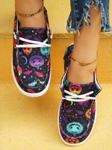 Women's Stylish Halloween Colorful Pumpkin Bat Moon Pattern Lace-up Casual Sports Shoes - Multicolor - View 2