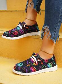 Women's Stylish Halloween Colorful Pumpkin Bat Moon Pattern Lace-up Casual Sports Shoes - Multicolor - View 3